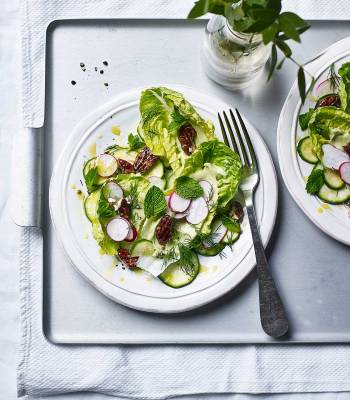 Little Gem salad with avocado cream and crispy pecans