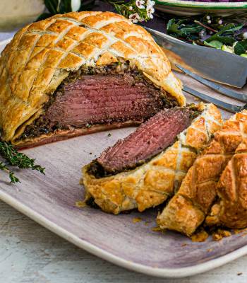 Beef wellington with porcini sauce
