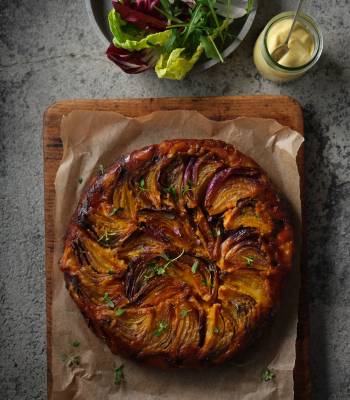 Maille mustard vegetarian red onion tarte tatin