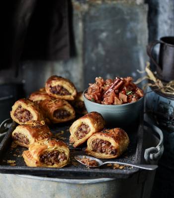 Jerk sausage rolls with pineapple chutney