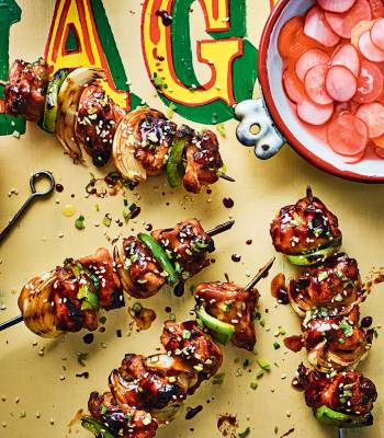 Char siu chicken sticks with pickled radish and carrot salad