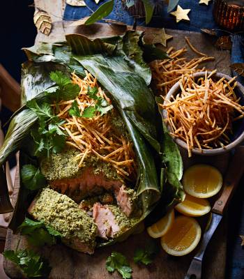 Coconut and coriander salmon with crispy straw potatoes