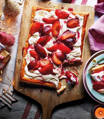 Boozy plum custard cream tart