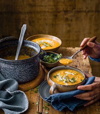 Roast squash, apple and barley soup