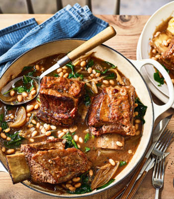 Balsamic beef short ribs with haricot beans and spinach
