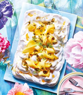 Mango sheet pavlova with lime passion cream