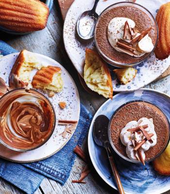 Salted chocolate pots with madeleines
