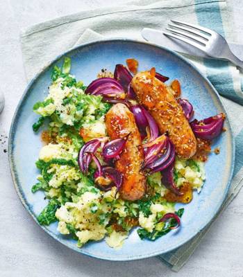Marmalade sausages with parsnip colcannon