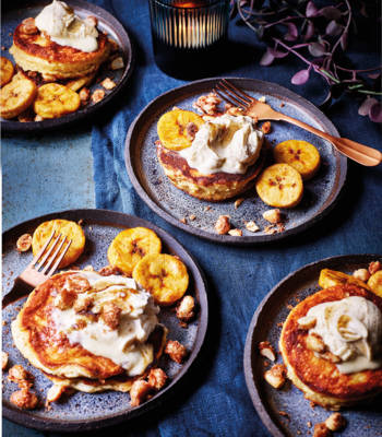 Plantain soufflé pancakes with peanut crumble