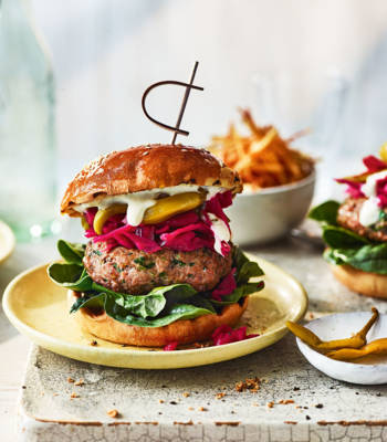 Smoky lamb burger with pickled red cabbage, chilli and garlic sauce