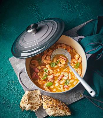 Prawn, bacon and white bean stew