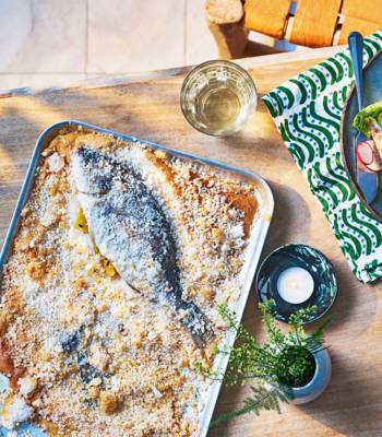 Salt-baked bream with pickled radish and pea salad