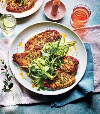 Sesame chicken Milanese with shaved asparagus salad