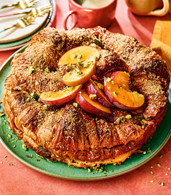 Peach and pistachio croissant cake
