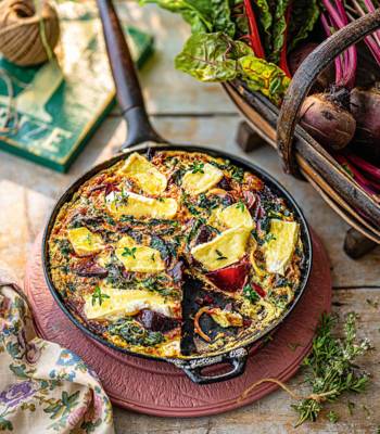 Roast beetroot, greens and brie frittata