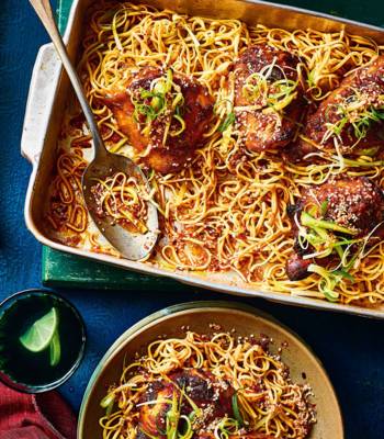 Gochujang chicken thighs with a spring onion and sesame salad