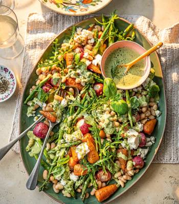 Roast spring veg and white bean salad with green tahini
