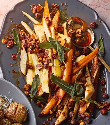 'Nduja and hazelnut root veg