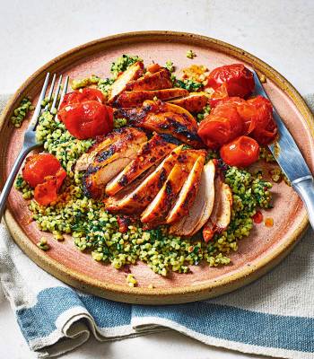 Harissa chicken thighs and herby bulgur