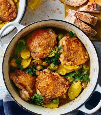 Saffron-braised chicken and potato summer stew