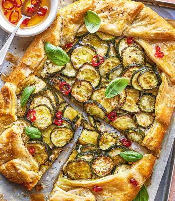 Courgette and basil galette with chilli honey