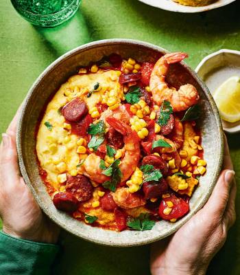 Grilled corn polenta with chorizo and prawns