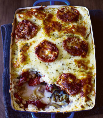 Roasted tomato, aubergine and chickpea lasagne