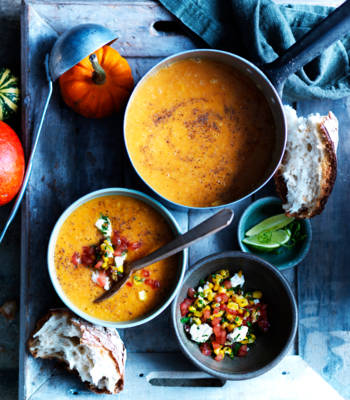 Pumpkin soup with tomato, corn and coriander salsa
