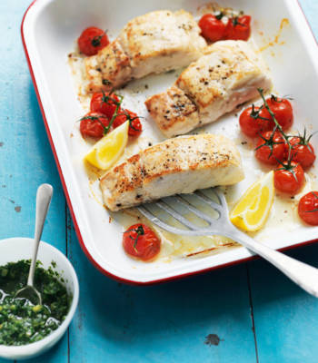 Hake with tomatoes and cucumber salsa verde