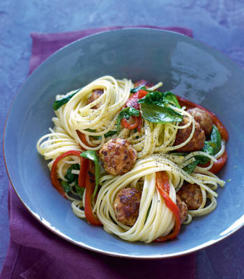 Linguine with turkey meatballs and roasted peppers