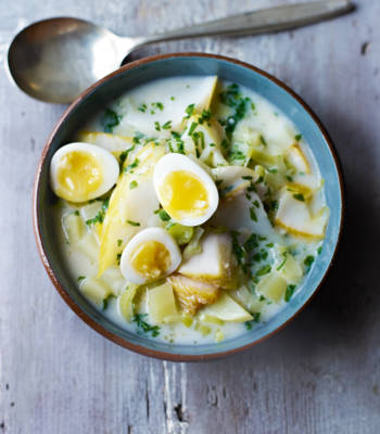 Smoked haddock and leek chowder with quail eggs