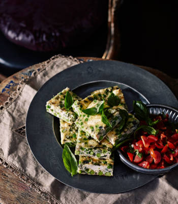 Pea, feta and basil frittata squares with a tomato salsa