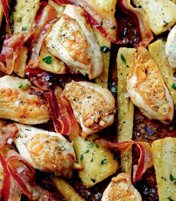 Chicken, pancetta and maple syrup traybake