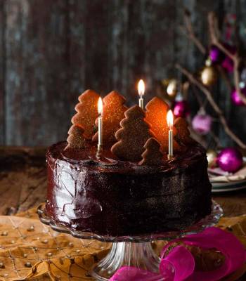 Double fudgey chocolate cake with a gingerbread forest 