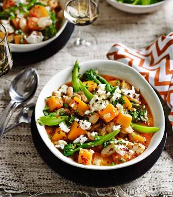 Spiced squash, butter bean and purple sprouting broccoli stew