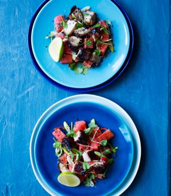 Sticky spiced pork belly and watermelon 