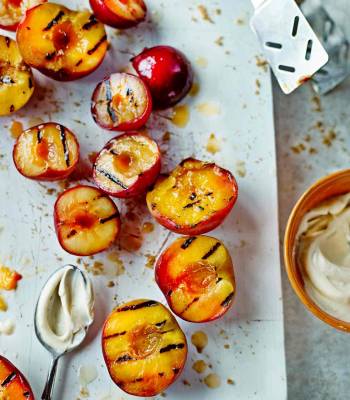 Grilled peaches, apricots and plums with nutmeg mascarpone