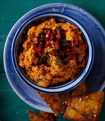 Roasted red pepper houmous with chorizo