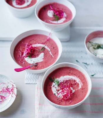 Beetroot and apple soup with soured cream and dill 