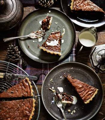 Boozy raisin, chocolate and walnut tart 