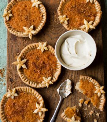 Pumpkin custard tartlets with blue cheese Chantilly