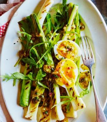 Grilled leek and egg salad with mustard and caper dressing 
