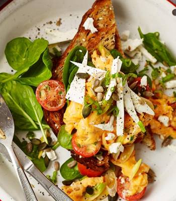 Scrambled eggs with feta and spinach