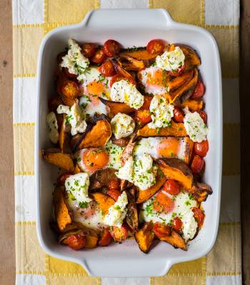 Spicy sweet potato, tomato, ricotta and egg bake