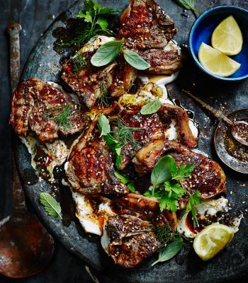 Zaatar lamb chops with salted yogurt, sweet herbs and pomegranate molasses