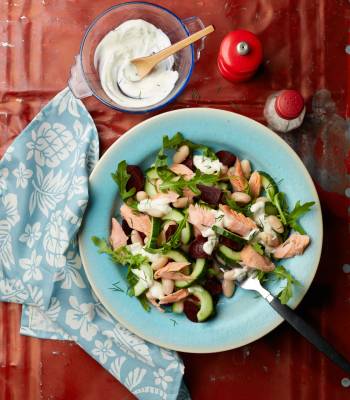Hot smoked trout and beans with a creamy dill dressing