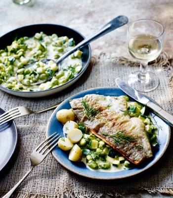 Trout, broad beans & courgettes in a wine & cream sauce