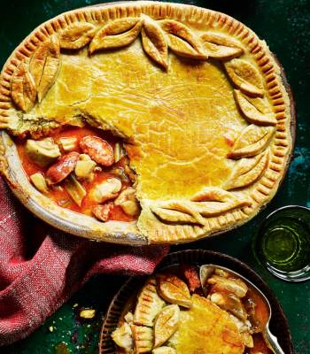 Chicken and chorizo pie with saffron pastry