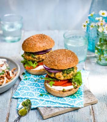 Herby chicken burgers with salsa verde
