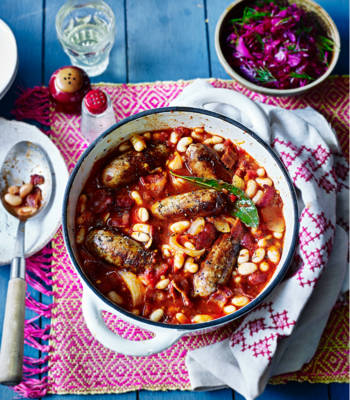 Polish sausage and beans with quick pickled cabbage